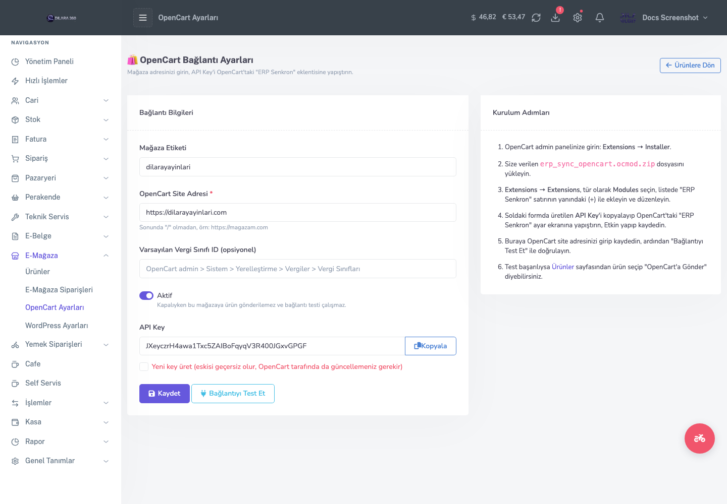 E-Mağaza Entegrasyonları form ekran görüntüsü